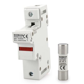 Baomain RT18-63 Fuse Holder Base with 5x40A Ceramic Fuses (14x51mm) – 1 Pole DIN Rail Mount, LED Indicator, CE Certified (40 Amp)