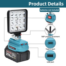 Led Work Light for Makita Battery and 21v Battery, Led Light with USB and Type-C Charging Port,Portable Light for Garage,Camping Emergencies,Job Site Lighting(Battery Not Included) by Shintyool