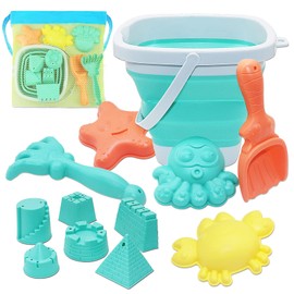 13pcs Beach Toy Set, Foldable Beach Bucket with Castle and Sea Animals Molds Sand Shovels Mesh Bag, Play Sand Toys Kit Outdoor Fun Sand Tools for Kids Boys Girls