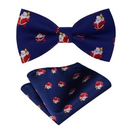 Branduce Conjunto de pajarita de Navidad para hombre, diseño de fiesta con temática de festival y bolsillo cuadrado, Azul Marino/Papá Noel Rojo, general