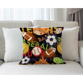 Beabes 18x18 Inch Cushion Case Decor Sport Balls, Graffiti Basketball Baseball Soccer Balls Farmhouse Throw Pillow Cover Home Pillowcase Decorations for Sofa Couch Office Car