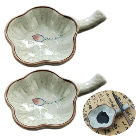2 Pcs Multifunctional Inkwell Dish Porcelain Handmade Ink Well Inkstone with Brush Holder for Chinese Japanese Calligraphy Painting Practice（Lotus）