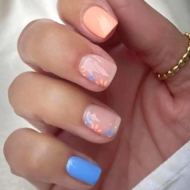 Extra Short Press On Nails，Short Glue On Nails, Nails Press Ons, Square Short Fake Nails Glossy Blue False Nails with Small Floral Press ons Designs Artificial Nails Stick on Nails for Women 24Pcs