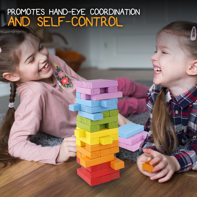 Pidoko Kids Wooden Stacking Building Blocks (49 Pcs) - Colorful