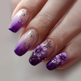 24Pcs Purple Flower Press on Nails Medium Ballet Shaped Purple Gradient French Acrylic Fake Nail Full Cover Glossy Floral Stick on Nail Medium Artificial Fingernails Reusable Glue on Nails for Women