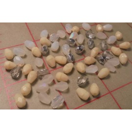 60 Small Czech Glass Faceted Pendants 7x5mm Off White Cream Silver Combo Beads
