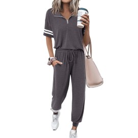 MASCOMODA Womens Two Piece Outfits 2025 Summer Short Sleeve Quarter Zip Pullover Tops Jogger Pants Tracksuit Loungewear Set(Dark Grey,Medium)