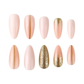 Gold Glitter Press on Nails Polka Dots Line Stick on Medium Almond Nails Gold Sparkly Acrylic Fake Nails 24 Pcs Glossy Gold line False Nails Fall Nails Gel Glue on Nails for Women Girls