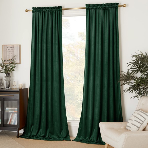 NICETOWN Green Velvet Curtains 84 inches, Thermal Insulated Heavy Matt Rod Pocket Room Darkening Drapes, Privacy Protect Panels for Living Room (Dark Green, 2 Panels)