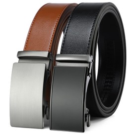 2 Pack Ratchet Belt 1 3/8", Mens leather Dress Belt in Gift Set Size 28"-62" Adjustable waist Trim to Fit (Black/Brown Leather Belt, 28"-34" Waist Adjustable)