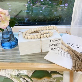 OMISHE Decorative Books for Home Decor, White Faux Books for Decoration, Rustic Farmhouse Stacked Display Books with 52in Wood Bead Garland for Coffee Tables Living Room, (Home Sweet Home)