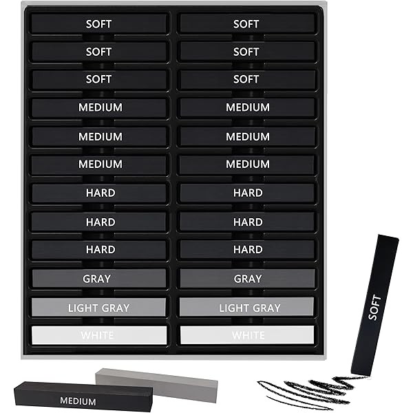24 Pcs Compressed Charcoal Sticks with Soft, Medium, Hard and