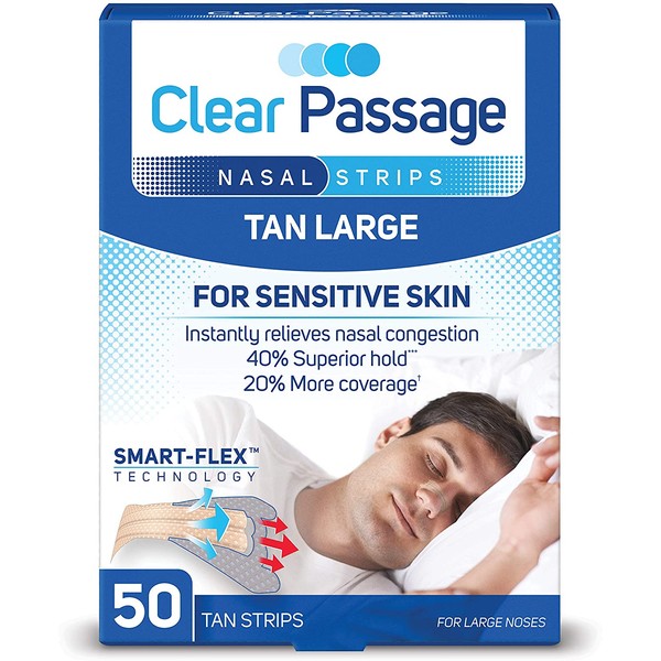 Clear Passage Nasal Strips Large, Tan, 50 ct | Works Instantly to Improve Sleep, Reduce Snoring, Relieve Nasal Congestion Due to Colds & Allergies