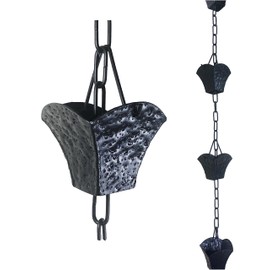Rain Chains by JASINC 8.5 ft Scalloped Square Cups Black Powder Coated, to Replace Roof Gutter Downspout, with Installation Kit, Rainwater Catcher/Water Diverter, JAS2002BLK