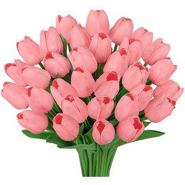 Bassion 30 Pcs Pink Fake Tulips Artificial Flowers for Decoration, Real Touch PU Faux Tulips Flowers Arrangement Artificial Plants Indoor for Home Decor Wedding Mother's Day Spring Easter Decorations