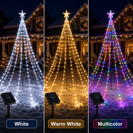 Solar Christmas Tree Waterfall Lights for Outdoor Decor – 9-Strand Star Topper with 8 Lighting Modes for Yard & Parties
