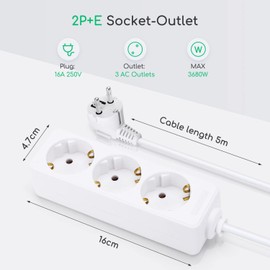 Aigostar 3-Way / 5-Way Socket Strip with Switch Surge Protection Table Socket Child Safety White