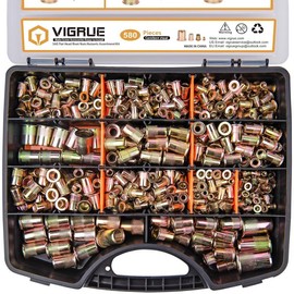 VIGRUE 16'' Rivet Nut Tool Kit Nutserts Rivnut Hand Tool Set with 15PCS Metric & Inch Mandrels M3 to M12, 6-32 to 1/2-13 and 300PCS Metric & SAE Rivet Nuts Assortment:_580pcs Carbon Steel Rivet Nuts Kit