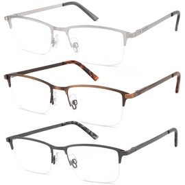 CRGATV 3-Pack Reading Glasses for Men Wide Blue Light Blocking Metal Half Frame Readers Anti UV/Eye Strain/Glare Semi Rimless Eyeglasses (+1.0 Magnification Strength)