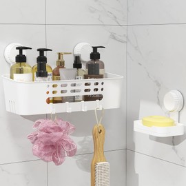 Lifewit Suction Cup Shower Caddy + Soap Dish, Removable 12.4inch Large Basket and Bar Soap Holder for Inside Shower, NO-Drilling Bathroom Kitchen Organizers and Storage Rack for Shampoo, 1 Set