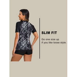 Halcurt Womens Swim Board Shorts Short Sleeve Rash Guard Set Black Printed L