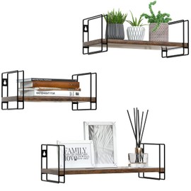 J JACKCUBE DESIGN Torched Wood Floating Shelves, Set of 3 Wall Mounted Hanging Shelves with Black Wire Frames for Bedroom. Living Room, Kitchen, Bathroom and Office - MK696B