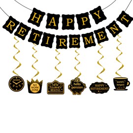 21Pcs Happy Retirement Party Decorations for Men Women,Black Gold Funny Retirement Banner Hanging Swirls Paper Kit Outdoor Indoor Bunting Garland Sign Teacher Retired Banners Office Farewell Decor