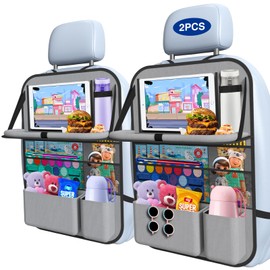 Oneyus 2PACK-Car Backseat Organizer with Touch Screen Tablet Holder,9 Storage Pockets Storage Organizer with Foldable Food Tray, Protector Kick Mats for Kids, Travel Accessories Organizer (Grey)