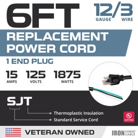 Iron Forge Cable 12 AWG Power Cord Replacement 3 Prong with Open End - 15 Amp Black Heavy Duty Extension Cord 6 ft, SJT 12/3 Replacement Cable 3 Wire Appliance & Power Tool Cord, NEMA 5-15P