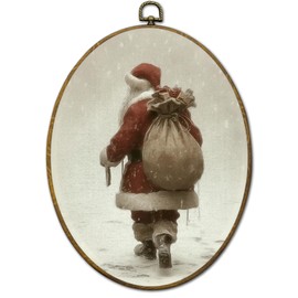 QZQE Christmas Santa Oval Wall Art Decor Framed, Vintage Snowy Winter Xmas Oval Canvas Prints, Rustic Cozy Seasonal Holiday Winter Wall Hanging Decor for Home Bedroom Living Room, 8.6x11.4 Inch