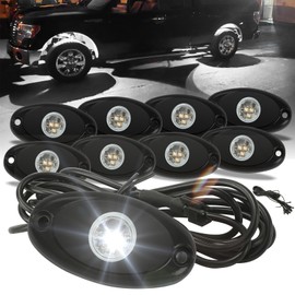 SUNPIE 8 Pods White Rock Lights – Quick Connect, 3 High Power Chips, 4M Extension Wires, Mounting Pads Included, 6000K Pure White, IP67 Waterproof, Fits Trucks, SUV, ATV, UTV, Trailer