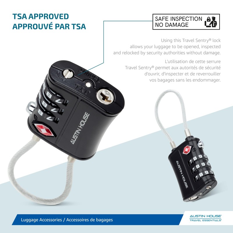 Austin House Travel Essentials Luggage Lock – 3-Dial Combination Cable