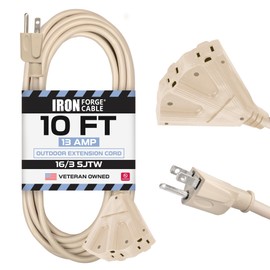 Iron Forge Cable Beige Outdoor Extension Cord 10 ft - 3 Outlet 16 Gauge 13 Amp Heavy Duty Power Extension Cords - SJTW - Great for Indoor & Outdoor Lights Decoration, Landscaping & Deck