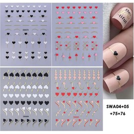 4Pcs Valentine's Day Nail Art Stickers Hearts Nail Decals Glossy Metallic Golden Love Heart Designs Nail Stickers, Self-Adhesive Nail Decals with Arrow & Curve Patterns for DIY Manicure Decoration