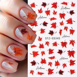 Maple Leaves Nail Stickers 6PCS Fall Maple Leaf Nail Decals 3D Self-Adhesive Red Orange Leaves Nails Design Nail Supplies Fall Stickers for Nails Thanksgiving Day Nail Decals for Women DIY Manicure
