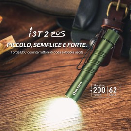 OLIGHT I3T 2 EOS Mini Torcia LED 200 Lumen 62m Range, Piccola Torcia Portachiavi con Interruttore di Shiusura, Luce Portatile Impermeabile IPX8, per il Campeggio all'aperto (Verde)