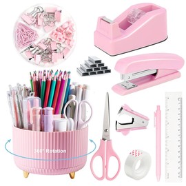 Pink Desk Accessories Office Supplies 360°Pen Holder Desk Organizers and Accessories with Tape Dispenser, Stapler, Staple Remover, 1000 Staples, Tape, Clips Set, Ruler, Scissor, Pen