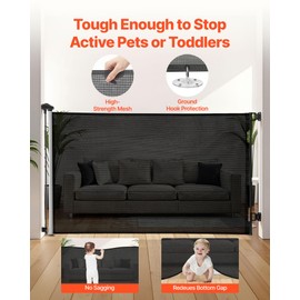 VEVOR Retractable Baby Gate, Extends to 57 inch Wide, 38.5 inch Tall, with Security Lock, Easy to Use, Walk Through Without Tripping, Mesh Dog Gate for Stairs, Hallways, Indoor/Outdoor, Black