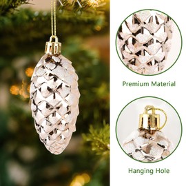 10 Pcs Christmas Pine Cone Baubles, Shiny Glitter Christmas Pine Cones Set, White Gold Hanging Ornaments for Christmas Tree, Large Baubles for Christmas Tree, Decorated Christmas Tree Pendants