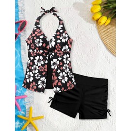 WIQI Girls Swimsuit 2 Piece Tankini Kids Bathing Suits Girls Swimsuits Cute Floral Print Halter Neck Girls' Swimwear with Shorts Size 8-10 Black