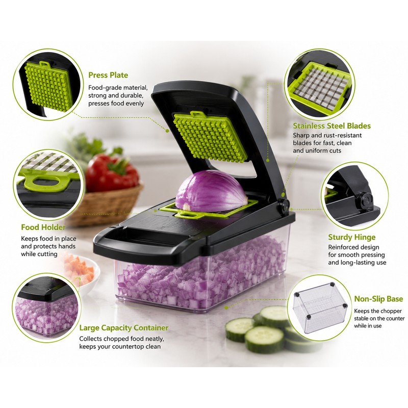 16-in-1 Vegetable Chopper with 8 Stainless Steel Blades, Food Container,