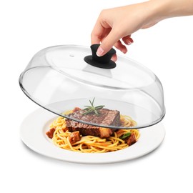 10in Glass Microwave Splatter Cover for Food, 10in Glass Microwave Cover for Food, Microwave Plate Lid with Vent Holes & Easy-Grip Handle, Dishwasher Safe, No Plastic, Food Grade,