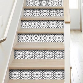 funlife 10PCS Peel and Stick Moroccan Pattern Vinyl Stair Riser Decals, Self Adhesive Retro Decorative Stair Riser Stickers, 39.37"x7.09" Grey White Moroccan Floral