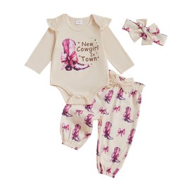 Baby Cowgirl Outfits Retro Ruffle Long Sleeve Bodysuit Cowgirl Boots/Pony Pants Headband Cute 3Pcs Country Western Fall Clothes First Rodeo Birthday Welcome Home (Khaki, 12-18 Months)