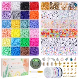 FZIIVQO 7200 Pcs Clay Beads 2 Boxes Bracelet Making Kit 24 Colors Flat Disc Heishi Clay Beads for Jewelry Making Preppy Set with UV Number Letter Beads & Gold Spacer Beads etc
