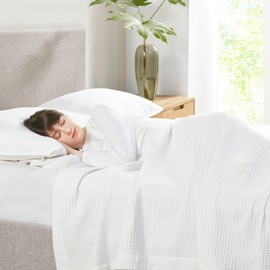 Waffle Weave Full Size Blanket - 100% Tencel Cotton - Soft, Lightweight, Breathable - Perfect for Hot Sleepers - Double (White, Full 80X90)