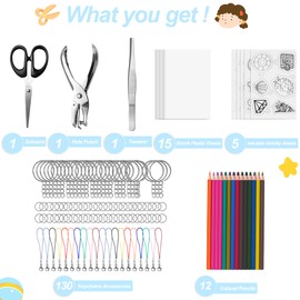Hewolly 165 PCS Shrink Plastic Kit - 15 Shrink Plastic Films, 5 Patterned Sheets, 12 Colored Pencils, 130 Keychain Accessories, Hole Punch, Scissors, and Tweezers for Creative Art and Craft