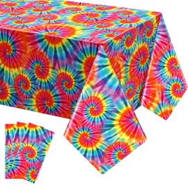 Newwiee 3 Pcs Tie Dye Tablecloth Rainbow Table Cloth 54 x 108 Inches Plastic Rectangle Tie Dye Party Supplies Colorful Disposable Table Cover for Tie Dye Themed Party Birthday Dining Room Kitchen