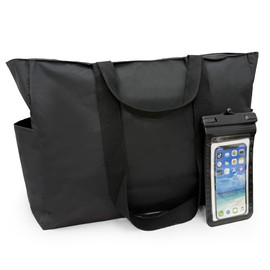 KUKUPACK Large Beach Bag for Women, Waterproof Beach Tote Bag with Zipper, Waterproof Sandproof Pool Bag, Foldable Black Travel Tote Bag