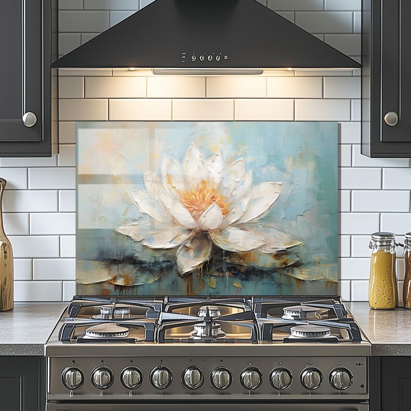 Evgosm Tempered Glass Backsplash for Kitchen， Stove Splashback, Flowers Glass